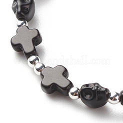 Synthetisches türkisfarbenes (gefärbtes) Stretch-Armband mit Kreuz und Totenkopfperlen&nbsp;BJEW-JB08451-03