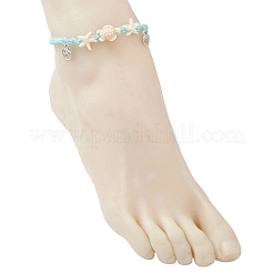 Tobilleras ajustables de verano con cuentas trenzadas de estrella de mar y tortuga de color turquesa sintético teñido para la playa&nbsp;AJEW-AN00774