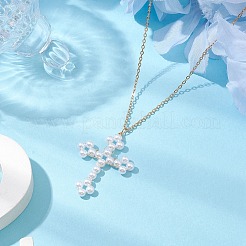Colliers pendentif croix fleury acrylique imitation perle&nbsp;NJEW-JN04985