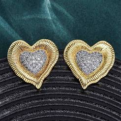 Серьги-гвоздики из латуни с микро-паве и прозрачным фианитом в форме сердца&nbsp;EJEW-H158-02G