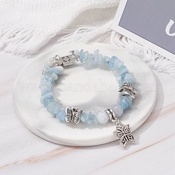 Многорядный браслет с бусинами из натурального аквамарина&nbsp;BJEW-JB07052-04