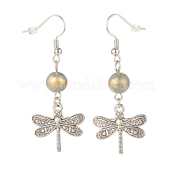 Jade mashan naturel rond avec boucles d'oreilles pendantes libellule en alliage&nbsp;EJEW-JE04855-02