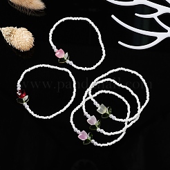 Эластичный браслет из стеклянных семян и тюльпанов лэмпворк&nbsp;BJEW-JB09428