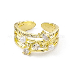 Открытое кольцо-манжета из прозрачного кубического циркония в форме прямоугольника и ромба с пластиковыми жемчужными бусинами&nbsp;RJEW-I091-15G