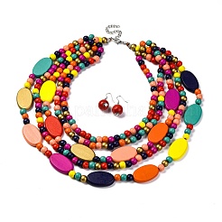 Handgefertigtes Set aus mehrlagigen Halsketten aus Holzperlen und baumelnden Ohrringen im Boho-Stil&nbsp;SJEW-A001-01A