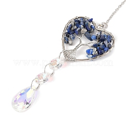 Обернутое проволокой сердце из натурального лазурита с подвесками в виде дерева жизни&nbsp;HJEW-K046-02P-08