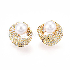 Серьги-гвоздики из латуни с микропаве из кубических цирконий и искусственного жемчуга ABS&nbsp;KK-T074-48G