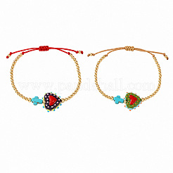 2 Stück 2-farbig gefärbte Armbänder aus synthetischen türkisfarbenen Kreuz- und Glasherzperlen für Damen&nbsp;PE0777-1