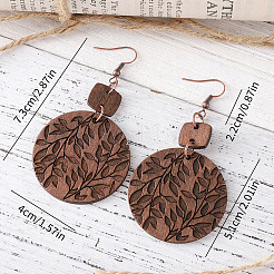 Boucles d'oreilles pendantes rondes plates en bois de style bohème avec motif de feuilles&nbsp;FS-WGEA415-01