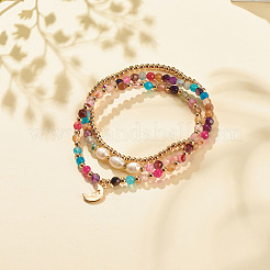 3 set di bracciali elastici con perline in agata naturale e perle&nbsp;BJEW-JB08089-01