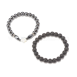 2 pièces 2 styles de pierre de lave naturelle et bracelets extensibles en hématite synthétique sertis d'étoile d'opalite&nbsp;BJEW-JB08183