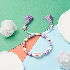 Conchiglia naturale con malocchio e braccialetto di perle intrecciate di perle&nbsp;BJEW-TA00049-03