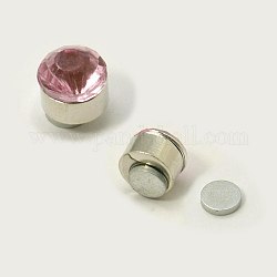 Stainless Steel Magnetic Ear Studs with Rhinestone, Flat Round, Light Amethyst, about 7mm in diameter, 6mm thick, 12pairs/board