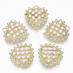 Plateados de oro colgantes de la aleación, con rhinestone de cristal y perlas de imitación de plástico abs, corazón, blanco cremoso, 18x17x4mm, agujero: 1.4 mm