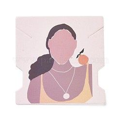 Schede video di gioielli di carta, carte porta collana orecchini, quadrato con motivo donna, marrone rosato, 7.4x7.4x0.03cm, Foro: 1 mm