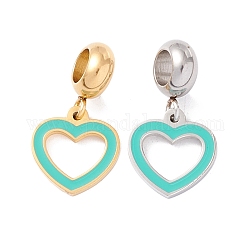 304 Stainless Steel European Dangle Charms, Large Hole Pendants, with Enamel, Golden & Stainless Steel Color, Heart, Turquoise, 21.5mm, Hole: 4.5mm