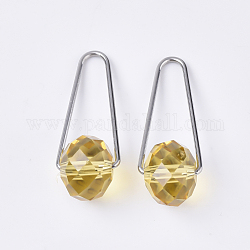 Pendentifs en verre à facettes, avec anneaux triangulaires en 304 acier inoxydable, couleur inoxydable, jaune, 36x13mm, anneau de triangle: 1 mm d'épaisseur, perle: 14x10.5 mm