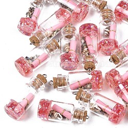 Verre souhaitant bouteille décorations pendentif, avec la résine et le papier et la coquille, avec bouchon en liège et fer, rose, 40~42x16mm, Trou: 2mm