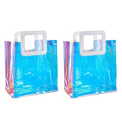 Bolsa transparente láser de pvc, bolso de mano, con asas de piel sintética, para regalo o embalaje de regalo, Rectángulo, blanco, Producto terminado: 32x25x15cm