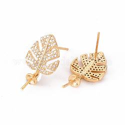 Brass Micro Pave Clear Cubic Zirconia Stud Earrings Findings, for Half Drilled Bead, Nickel Free, Leaf, Real 18K Gold Plated, 20.5x11mm, Pin: 0.8mm, Pin: 0.8mm(for Half Drilled Bead)