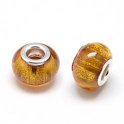 Resin European Beads, Large Hole Beads, with Silver Color Plated Brass Cores, Rondelle Large Hole Beads, Goldenrod, 13.5x9~9.5mm, Hole: 5mm