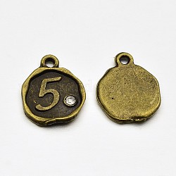 Antique Bronze Plated Alloy Rhinestone Charms, Flat Round with Num.5, Nickel Free, 13x10x1.5mm, Hole: 1mm