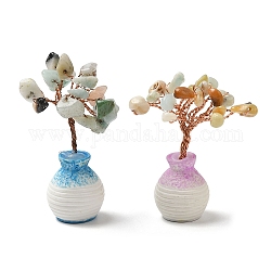 Natural Gemstone Chips Tree of Life Decorations, Mini Ceramic Random Color Vase with Copper Wire Feng Shui Energy Stone Gift for Women Men Meditation, 60~80mm