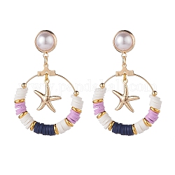 Big Ring with Starfish Dangle Stud Earrings, Polymer Clay Heishi Beaded Drop Earrings for Women, Golden, Pink, 52mm, Pin: 1mm