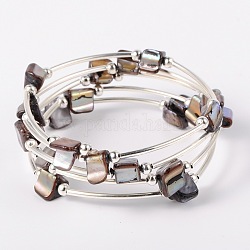 Perles en coquille enveloppent bracelets, teinte, fil à mémoire de bracelet en acier avec des perles de tuyauterie en cuivre et des perles rondes en fer, platine, 59mm, chameau, 59mm