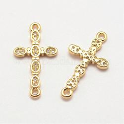 Brass Micro Pave Grade AAA Cubic Zirconia Links, Long-Lasting Plated, Real 18K Gold Plated, Cadmium Free & Nickel Free & Lead Free, Cross, Golden, 20.5x11x2mm, Hole: 1mm