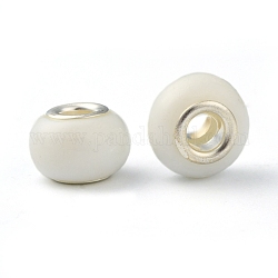 Perles européennes vernissées, avec ame en laiton de couleur argent, rondelle, blanc, diamètre: 12 mm ~ 14 mm, trou: environ 4~5 mm