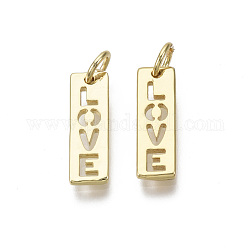 Brass Pendants, with Jump Ring, Nickel Free, Rectangle with Word LOVE, Real 18K Gold Plated, 16x5x1.5mm, Hole: 3mm