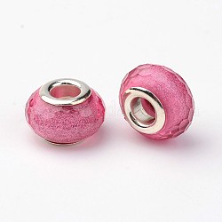 Perles européennes à facettes en résine , perles de rondelle avec grand trou , avec des noyaux de laiton de ton argent, rouge violet pâle, 14x9mm, Trou: 5mm
