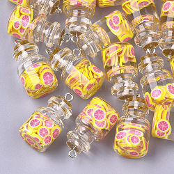 Glass Bottle Pendants, with Resin & Polymer Clay & Iron Findings, Lemon, Platinum, Yellow, 28~29x15mm, Hole: 2mm
