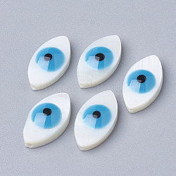 Natural Freshwater Shell Beads, Horse Eye with Evil Eye, Dodger Blue, 15x8x4mm, Hole: 1mm