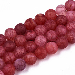 Natural Crackle Agate Beads Strands, Frosted, Dyed & Heated, Round, Cerise, 8mm, Hole: 1mm, about 47~48pcs/strand, 14.96~14.57 inch(37~38cm)
