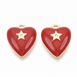 Brass Micro Pave Clear Cubic Zirconia Charms, with Enamel, Nickel Free, Real 18K Gold Plated, Heart with Star, Red, 13.5x11.5x3.5mm, Hole: 1.2mm