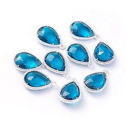 Pendentifs en verre, avec des accessoires de berzel à dos ouvert en alliage écologique, facette, larme, couleur argentée, bleu acier, 18x12x5mm, Trou: 1.4mm