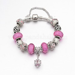 Alliage de couronne strass émail européens bracelets de perles, avec résine perles européennes, chaînes en laiton et en alliage fermoirs, rose, 180mm