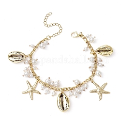 Bracelets à breloques en perles de coquillage, étoiles de mer et coquillages, avec chaînes en 304 acier inoxydable, or, 7-1/4 pouce (18.3 cm)