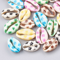 Printed Natural Cowrie Shell Beads, No Hole/Undrilled, Star Pattern, Mixed Color, 20~26x13~18x5~7mm