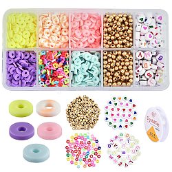 1633Pcs Disc/Flat Round & Flower Polymer Clay Beads, 160Pcs Flat Round with Heart & Letter Acrylic Beads, 600Pcs Round Plastic Beads, Round Crystal Thread, for DIY Jewelry Crafts Supplies, Mixed Color, 4~7x0.5~4x1~1.5mm, hole: 1~2mm
