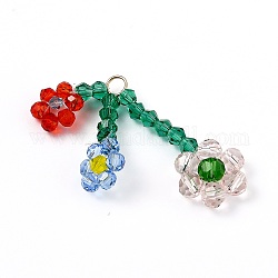 Gros pendentifs tissés à la main en perles de verre, avec anneaux de jonction en laiton, pour la fabrication de bijoux de bricolage, fleur, platine, colorées, 55x40x7mm, Trou: 3mm