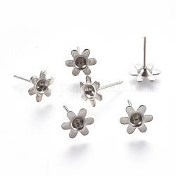 Composants de clou d'oreille en 304 acier inoxydable, 6 pétales, fleur, couleur inoxydable, 13mm, fleur: 8x9x2 mm, Plateau: 3 mm, pin: 0.7 mm