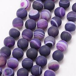 Natural Striped Agate/Banded Agate Bead Strands, Round, Grade A, Frosted, Dyed & Heated, Indigo, 10mm, Hole: 1mm, about 37pcs/strand, 15 inch