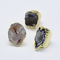 調整可能天然石ドゥルージー瑪瑙カフ指輪  ワイドバンドリング  ゴールデントーン真鍮パーツ  サイズ7  サイズ7~9  17~19mm