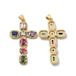 Rack Plating Eco-Friendly Brass Micro Pave Cubic Zirconia Pendants, Long-Lasting Plated, Lead Free & Cadmium Free, Religion Cross Charm, Real 18K Gold Plated & Gunmetal, 41x23.5x3.5mm, Hole: 4x3.5mm