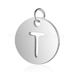 304 Stainless Steel Charms, Flat Round with Letter, Stainless Steel Color, Letter.T, 12x1mm, Hole: 2.5mm
