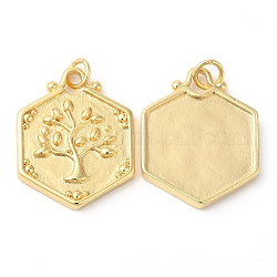 Eco-Friendly Rack Plating Brass Pendants, with Jump Ring, Long-Lasting Plated, Lead Free & Cadmium Free, Hexagon with Tree of Life Charm, Real 18K Gold Plated, 23x18x2.5mm, Hole: 3.5mm