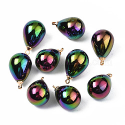 Electroplate Acrylic Pendants, Cadmium Free & Lead Free, with Brass Findings, Teardrop, Colorful, 20x12.5mm, Hole: 2mm